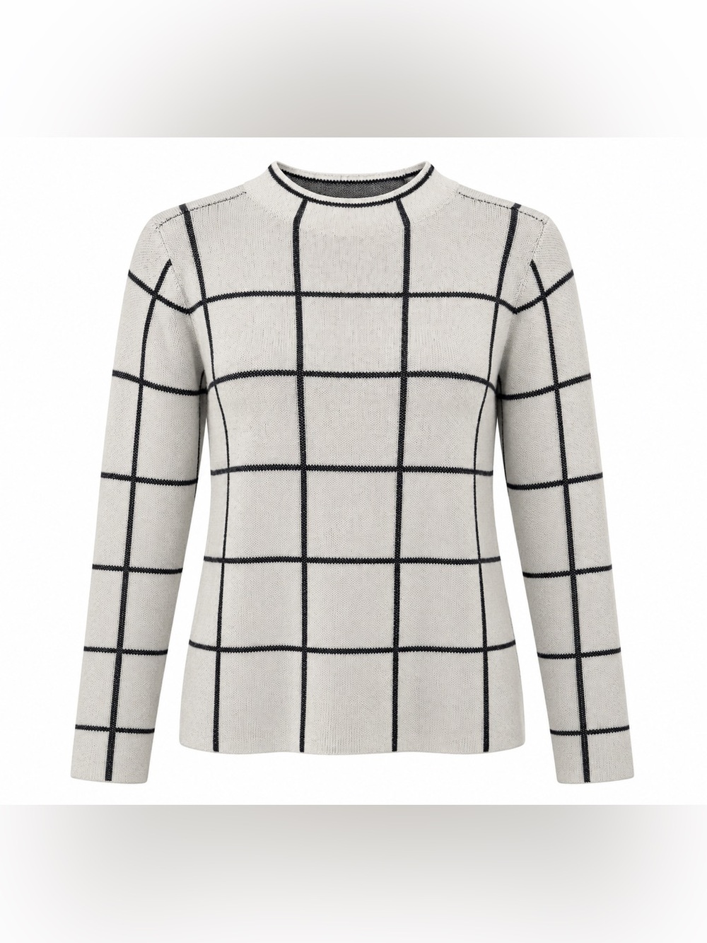 LOFT Cream Crewneck Sweater with Black Windowpane Check